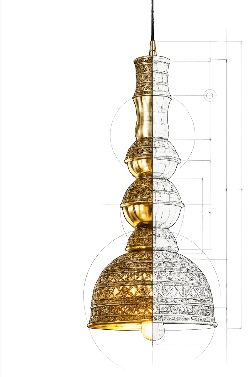 Craft lamp — half rendered, half technical drawing